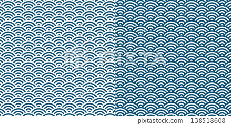 Set of Japanese-style background patterns featuring the Seigaiha wave pattern (inverted design in indigo and white, traditional Japanese pattern) Set of Japanese-style background patterns featuring the Seigaiha wave pattern (inverted design in indigo and white, traditional Japanese pattern) 138518608