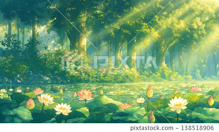 蓮花漂浮在水面上，森林的光芒灑在水面上，構成了一幅夢幻般的景象，展現了大自然的美麗，令人感到寧靜和治癒。 138518906