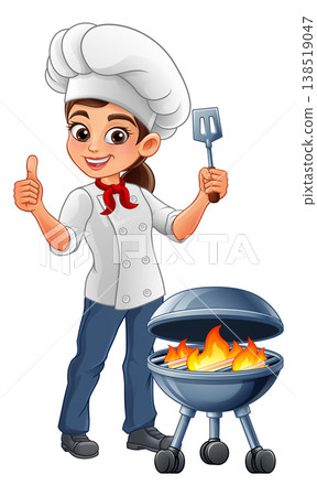 Cartoon Woman Female Chef Grilling Barbecue Cartoon Woman Female Chef Grilling Barbecue 138519047