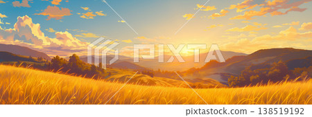 A landscape of mountains and plateaus as the sun sets, in an anime style. 138519192