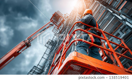 The powerful image of construction workers using elevated work platforms to carry out inspections and construction work at a construction site. 138519401