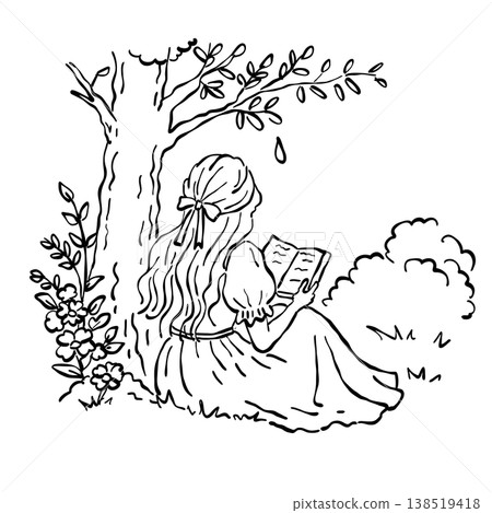Romantic Girl Sitting Under Tree Reading Book Peaceful Garden Reading Scene Cottagecore Line Art Illustration Romantic Girl Sitting Under Tree Reading Book Peaceful Garden Reading Scene Cottagecore Line Art Illustration 138519418