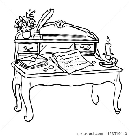 Antique Writing Desk With Feather Quill Ink Bottle Letters And Candle Vintage Writer Workspace Line Art Illustration Antique Writing Desk With Feather Quill Ink Bottle Letters And Candle Vintage Writer Workspace Line Art Illustration 138519440