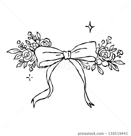 Elegant Ribbon Bow With Floral Decoration Romantic Vintage Decorative Element Line Art Illustration Elegant Ribbon Bow With Floral Decoration Romantic Vintage Decorative Element Line Art Illustration 138519441