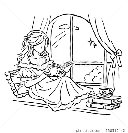 Elegant Woman Reading Book By Window Cozy Romantic Reading Scene Vintage Regency Style Line Art Illustration Elegant Woman Reading Book By Window Cozy Romantic Reading Scene Vintage Regency Style Line Art Illustration 138519442