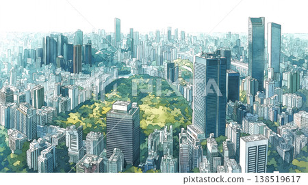 A background illustration of a modern cityscape with skyscrapers and an open sky, in the style of an architectural perspective, suitable for corporate introductions and urban development. 138519617