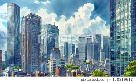 A background illustration of a modern cityscape with skyscrapers and an open sky, in the style of an architectural perspective, suitable for corporate introductions and urban development. 138519618