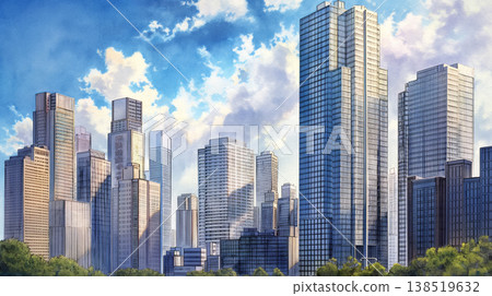 A background illustration of a modern cityscape with skyscrapers and an open sky, in the style of an architectural perspective, suitable for corporate introductions and urban development. 138519632