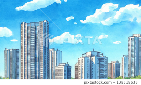 A skyline landscape of towering city buildings, an illustration of a cityscape, an image of an office district, business, economy, and real estate. 138519633
