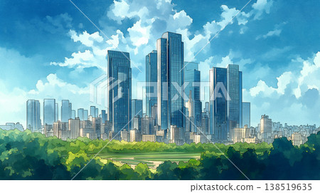 An illustration of a cityscape with towering skyscrapers, conveying a sense of urban symbolism, a background image for a business scene, and architecture. 138519635
