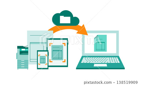 使用電腦、智慧型手機和雲端處理發票的影像;裝置整合和掃描的概念。 使用電腦、智慧型手機和雲端處理發票的影像;裝置整合和掃描的概念。 138519909