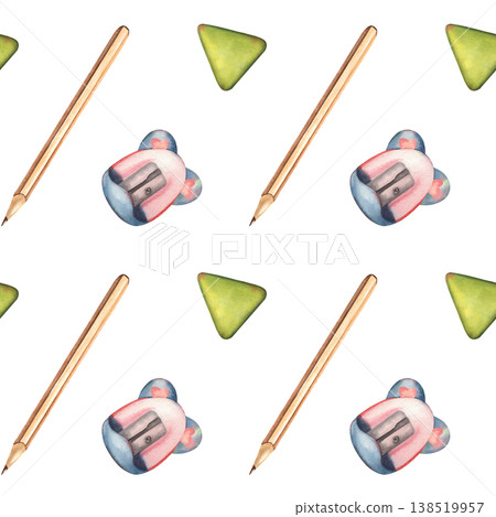 Seamless pattern with pencil, eraser, sharpener. Hand-painted watercolor illustration isolated on white background. Creative design ideal for school supplies, stationery, textiles, packaging, branding Seamless pattern with pencil, eraser, sharpener. Hand-painted watercolor illustration isolated on white background. Creative design ideal for school supplies, stationery, textiles, packaging, branding 138519957