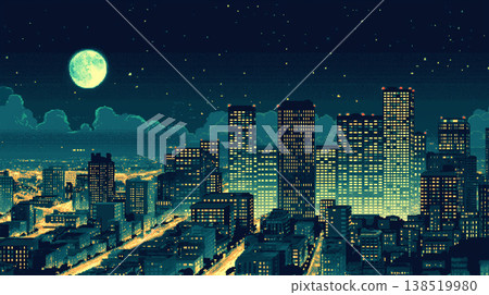 一幅像素藝術插畫,描繪了滿月照耀下的城市夜景,摩天大樓和燈火輝煌的街道以點陣畫法呈現,風格復古。 一幅像素藝術插畫,描繪了滿月照耀下的城市夜景,摩天大樓和燈火輝煌的街道以點陣畫法呈現,風格復古。 138519980
