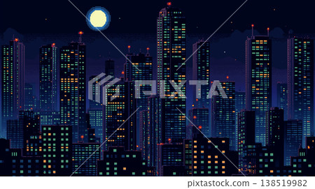 一幅像素藝術插畫,描繪了滿月照耀下的城市夜景,摩天大樓和燈火輝煌的街道以點陣畫法呈現,風格復古。 一幅像素藝術插畫,描繪了滿月照耀下的城市夜景,摩天大樓和燈火輝煌的街道以點陣畫法呈現,風格復古。 138519982