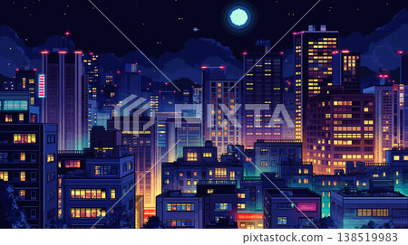 一幅像素藝術插畫,描繪了滿月照耀下的城市夜景,摩天大樓和燈火輝煌的街道以點陣畫法呈現,風格復古。 一幅像素藝術插畫,描繪了滿月照耀下的城市夜景,摩天大樓和燈火輝煌的街道以點陣畫法呈現,風格復古。 138519983