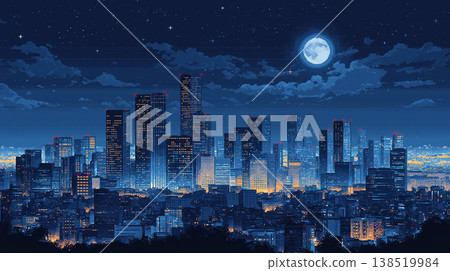 A pixel art illustration depicting a city nightscape illuminated by a full moon, with dot-art depictions of skyscrapers and glittering streets, retro 138519984