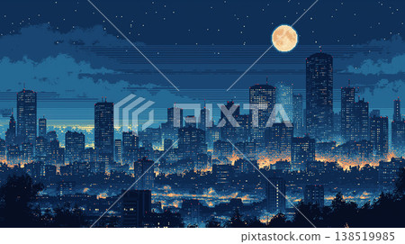 一幅像素藝術插畫,描繪了滿月照耀下的城市夜景,摩天大樓和燈火輝煌的街道以點陣畫法呈現,風格復古。 一幅像素藝術插畫,描繪了滿月照耀下的城市夜景,摩天大樓和燈火輝煌的街道以點陣畫法呈現,風格復古。 138519985