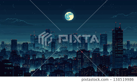 一幅像素藝術插畫,描繪了滿月照耀下的城市夜景,摩天大樓和燈火輝煌的街道以點陣畫法呈現,風格復古。 一幅像素藝術插畫,描繪了滿月照耀下的城市夜景,摩天大樓和燈火輝煌的街道以點陣畫法呈現,風格復古。 138519986