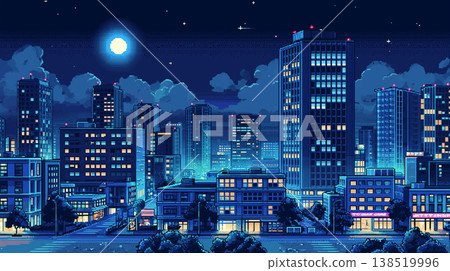 一幅像素藝術插畫，描繪了滿月照耀下的城市夜景，摩天大樓和燈火輝煌的街道以點陣畫法呈現，風格復古。 138519996