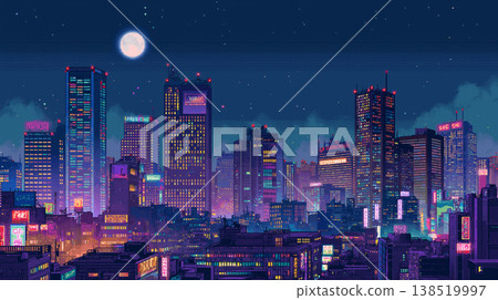 像素藝術風格的城市夜景，高聳入雲的摩天大樓，點陣式的城市天際線在滿月和閃爍的星光映襯下綿延展開。 138519997