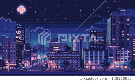 Pixel art illustrations depicting city nightscapes, retro-style pixel art of a full moon and skyscrapers, and glittering city lights. 138520032