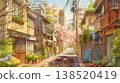 這是一幅水彩風格的街景插圖，描繪了一個安靜的住宅區，街道狹窄，建築物成排，入口處有植物，充滿了日常生活的氣息。 138520419