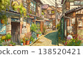 這是一幅水彩風格的街景插圖，描繪了一個安靜的住宅區，街道狹窄，建築物成排，入口處有植物，充滿了日常生活的氣息。 138520421