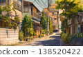 這是一幅水彩風格的街景插圖，描繪了一個安靜的住宅區，街道狹窄，建築物成排，入口處有植物，充滿了日常生活的氣息。 138520422