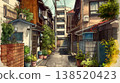 這是一幅水彩風格的街景插圖，描繪了一個安靜的住宅區，街道狹窄，建築物成排，入口處有植物，充滿了日常生活的氣息。 138520423