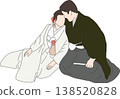 The bride and groom are seated, with the bride wearing a white wedding kimono and the groom wearing a formal kimono and hakama. 138520828