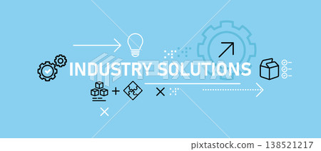 Industry solutions and manufacturing process banner with icons gears puzzle pieces technical problem solving production efficiency smart industrial innovation Industry solutions and manufacturing process banner with icons gears puzzle pieces technical problem solving production efficiency smart industrial innovation 138521217