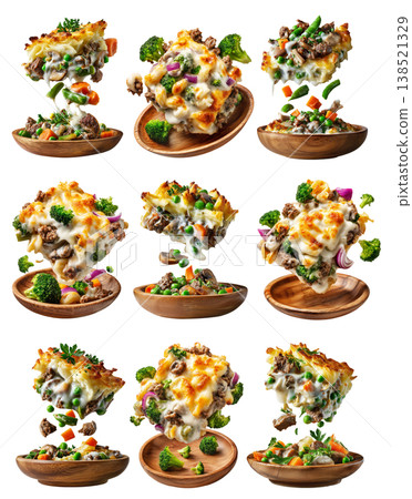 Midwest Hotdish cottage pie slice with mashed potatoes, beef, and vegetables isolated on white transparent background Midwest Hotdish cottage pie slice with mashed potatoes, beef, and vegetables isolated on white transparent background 138521329