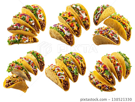Crunchy beef tacos filled with ground meat, lettuce, cheese, and vegetables isolated on white background, Mexican fast food meal Crunchy beef tacos filled with ground meat, lettuce, cheese, and vegetables isolated on white background, Mexican fast food meal 138521330