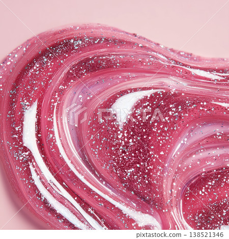 Close view of pink glittery swirling paint in abstract style on soft backdrop, presenting a vibrant decorative concept Close view of pink glittery swirling paint in abstract style on soft backdrop, presenting a vibrant decorative concept 138521346