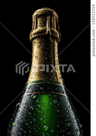 Closed champagne bottle with golden foil and sparkling wine inside no label on dark backdrop with clipping path Closed champagne bottle with golden foil and sparkling wine inside no label on dark backdrop with clipping path 138521354