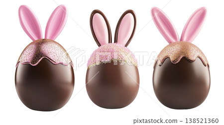 Set of Chocolate Easter egg with pink bunny ears and golden sprinkles isolated on white transparent background. Set of Chocolate Easter egg with pink bunny ears and golden sprinkles isolated on white transparent background. 138521360