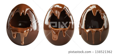 Set of Cracked Easter chocolate egg with hollow center, isolated on white transparent background. Festive holiday candy concept Set of Cracked Easter chocolate egg with hollow center, isolated on white transparent background. Festive holiday candy concept 138521362