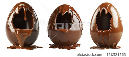 Set of Cracked Easter chocolate egg with hollow center, isolated on white transparent background. Festive holiday candy concept Set of Cracked Easter chocolate egg with hollow center, isolated on white transparent background. Festive holiday candy concept 138521363