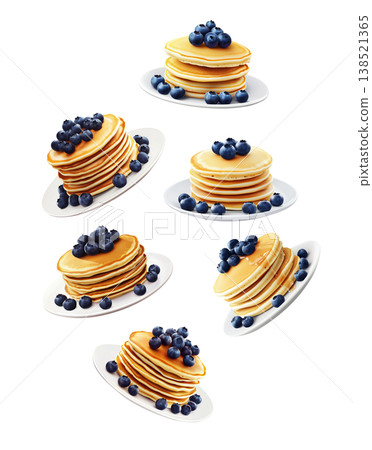 Multiple stacks of golden pancakes topped with fresh blueberries on plates, isolated on white background, breakfast food pattern Multiple stacks of golden pancakes topped with fresh blueberries on plates, isolated on white background, breakfast food pattern 138521365