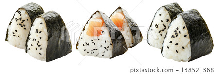Japanese salmon onigiri rice ball wrapped in nori seaweed, isolated on white background, Asian cuisine concept 138521368
