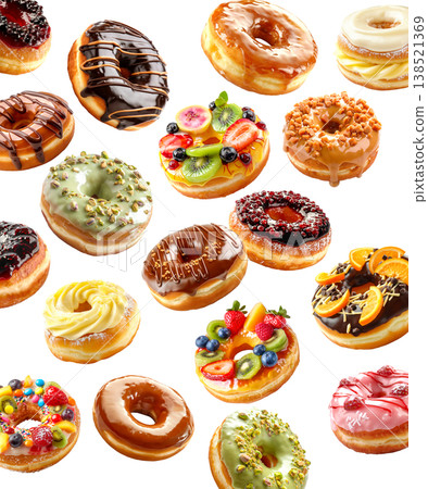 Assorted donuts with colorful toppings isolated on white background, representing sweetness and dessert temptation Assorted donuts with colorful toppings isolated on white background, representing sweetness and dessert temptation 138521369