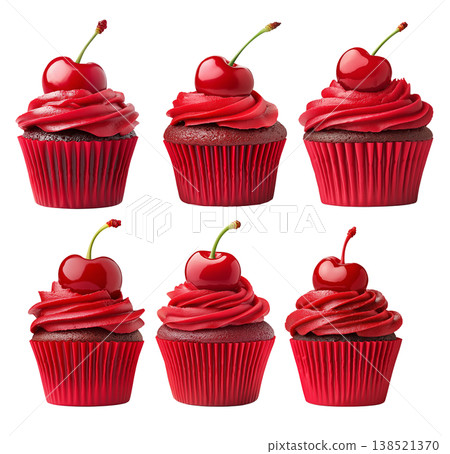 Chocolate cupcake with red frosting and cherry on top, isolated on white background, concept of dessert and sweets 138521370