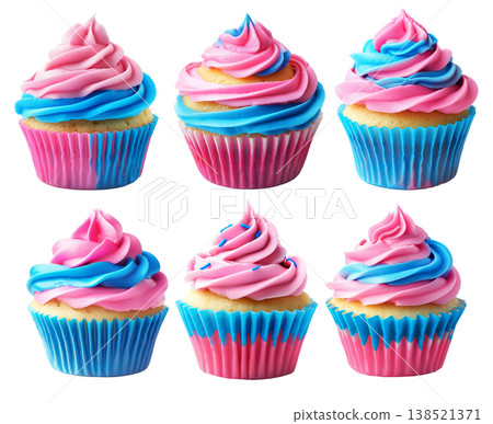 Sweet cupcake topped with pink and blue swirled frosting in wrapper, isolated on white transparent background 138521371