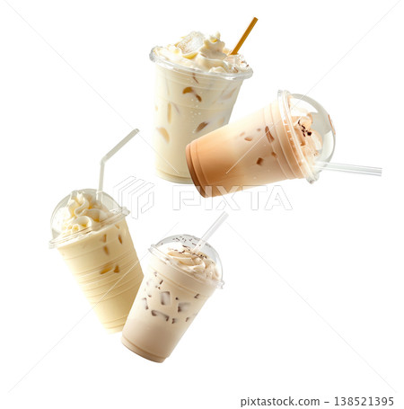Multiple iced coffee beverages with cream or horchata isolated on white background, concept of refreshing cold drinks Multiple iced coffee beverages with cream or horchata isolated on white background, concept of refreshing cold drinks 138521395