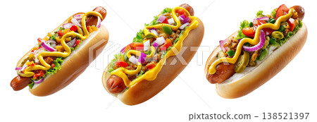 Brazil Hot Dog Completo overloaded hot dog with mustard, veggies, and cheese on sesame bun, isolated on white background 138521397