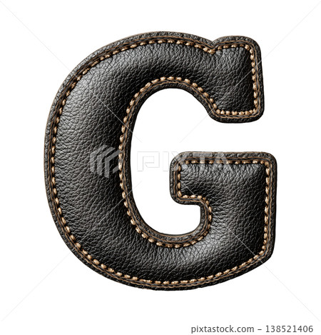 Black leather stitched letter G isolated on white background, concept of premium typography and craftsmanship Black leather stitched letter G isolated on white background, concept of premium typography and craftsmanship 138521406