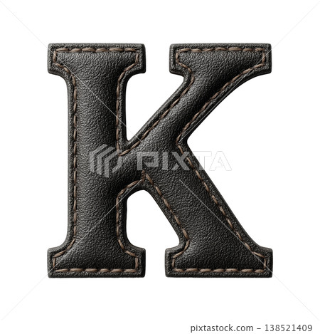 Black leather stitched letter K isolated on white background, concept of premium typography and craftsmanship Black leather stitched letter K isolated on white background, concept of premium typography and craftsmanship 138521409