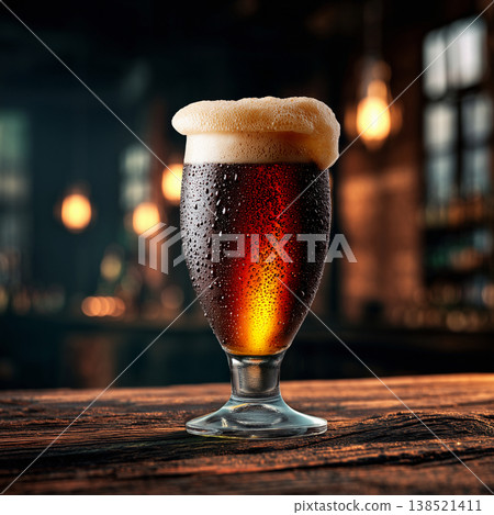 Foamy amber beer in a pint glass, on a rustic wooden bar background, conveying a concept of refreshment Foamy amber beer in a pint glass, on a rustic wooden bar background, conveying a concept of refreshment 138521411