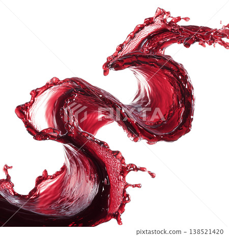 Curved red wine splash isolated on white background, symbolizing motion and energy power Curved red wine splash isolated on white background, symbolizing motion and energy power 138521420