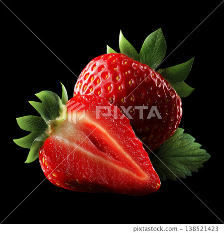 Whole and cut strawberry fruit shown isolated on a solid black background with clipping path, illustrating freshness and natural Whole and cut strawberry fruit shown isolated on a solid black background with clipping path, illustrating freshness and natural 138521423